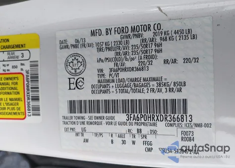 2013 Ford Fusion Se z USA, uszkodzony, nr VIN 3FA6P0HRXDR366813